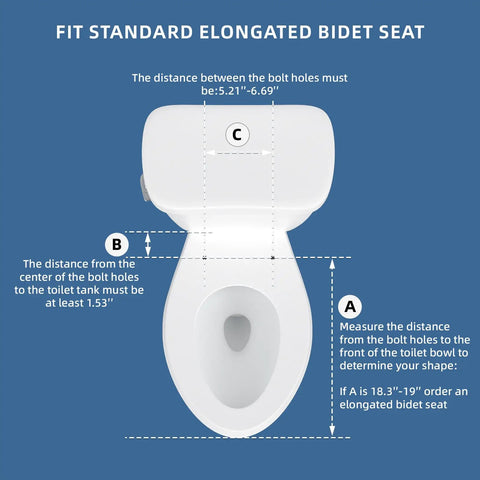 White Elongated Bidet Toilet Seat With Soft Close Lid Dual Front Wash Nozzles Adjustable Pressure Dial dimensions for standard fit.
