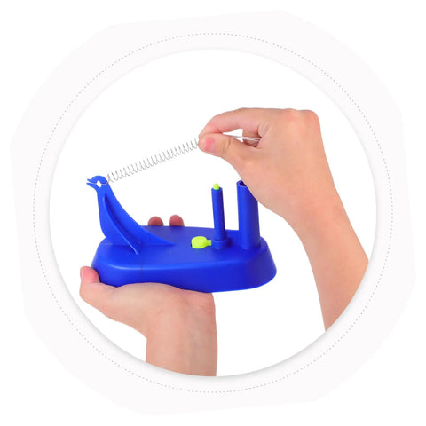 Hands demonstrating setup of a sky-blue Hands On Newton Pendulum Inertia Demonstrator Kit for Classroom Physics Lab Visual Mechanics Tool