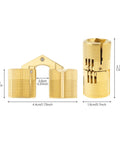 Eight Piece Set Of Eighteen Millimeter Concealed Brass Barrel Hinges Delivering A Full One Eighty Degree Swing For Cabinet Doors And Wood Furniture With Easy Mounting And Tough As Nails Construction angled view showing size and gold finish.