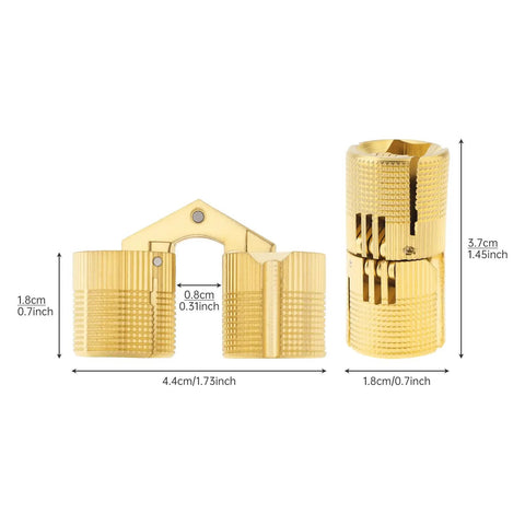 Eight Piece Set Of Eighteen Millimeter Concealed Brass Barrel Hinges Delivering A Full One Eighty Degree Swing For Cabinet Doors And Wood Furniture With Easy Mounting And Tough As Nails Construction angled view showing size and gold finish.