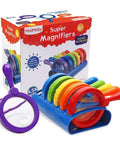 Kid Friendly Jumbo Magnifying Glass Set With Stand Six Pack For Ages Three Plus Easy Grip Primary Science Magnifiers shown in packaging.