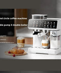 Semi Automatic Coffee Maker With Integrated Grinder And Dual Heating Plates delivering bold extracts, double boiler, stainless steel.