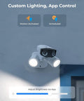 Slick 4K PoE Outdoor Security Camera Duo With Tough Built In Led Floodlight showcases app-controlled lighting options.
