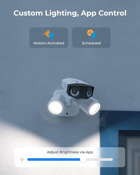 Slick 4K PoE Outdoor Security Camera Duo With Tough Built In Led Floodlight showcases app-controlled lighting options.