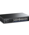 16 Port Gigabit PoE Switch With 2 Gigabit Uplinks, 250W Power Budget, No Fuss Plug And Play, metal desktop, front view