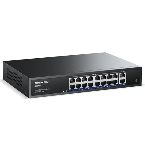 16 Port Gigabit PoE Switch With 2 Gigabit Uplinks, 250W Power Budget, No Fuss Plug And Play, metal desktop, front view