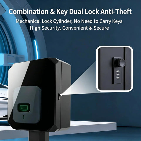 Rock Solid Outdoor EV Charger Cover Waterproof Metal Enclosure showing combo lock for security, designed for wall or pedestal setup.