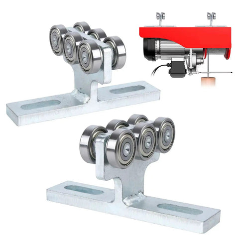 Heavy Duty 6 Wheel Trolley Assembly For Electric Hoist With Super Deep Groove Ball Bearings Loads Like A Champ On 1 5/8 Inch Struts And Pa200 Pa1000 Models with dual S45C steel rollers.