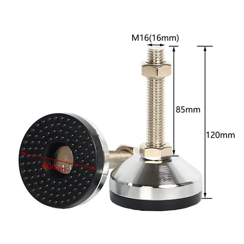 Four Pack M16 Heavy Duty Adjustable Leveling Feet With 80mm Base For Home, Office, Workshop And Kitchen Tables, Chairs, Shelves And Machinery, Rubber Cushioned Anti Slip Feet, Floor Safe, Carbon Steel Screws. 80mm base, M16 screw, 120mm height