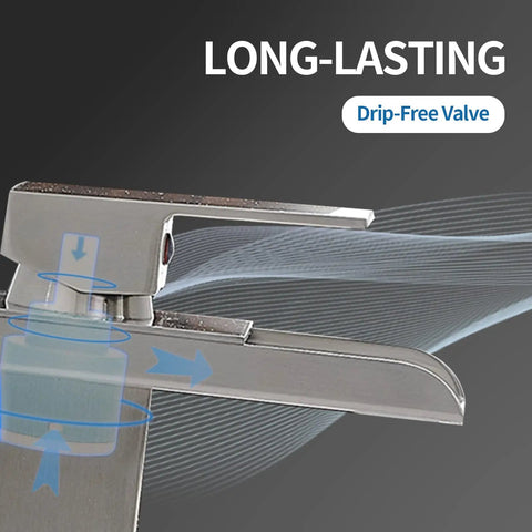 Matte Black Bathroom Faucet With Waterfall Spout Sleek Dope Pop Up Drain Stopper Overflow Assembly Supply Hose Single Hole Handle Modern Lavatory Mixer Tap For Sink, close-up showing drip-free valve detail