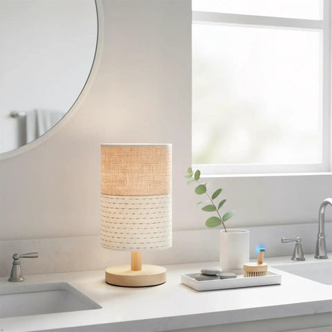 Table Desk Lamp With Brown Knit Fabric Shade Solid Wood Base Boho Nightstand Lamp For Bedroom Living Room End Table Or Office Warm White