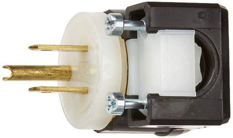 Industrial Grade 15 Amp 125 Volt Angle Plug With Grounding And Straight Blade, Dual Color Black White, side view of prongs