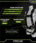 All Day Comfort Full Body Harness For Worksite Safety OSHA And ANSI Compliant shown with material specifications, size, weight limits.