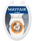 Heavy Duty White Elongated Toilet Seat With Dead Quiet Slow Close Action And Reinforced Wood Core That Locks Down Tight Zero Shift Or Slamming For A Straight Up Hassle Free Easy Install showing protective packaging and Stay-Tite hinges.