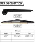 Heavy Duty Rear Windshield Wiper Arm And Blade Kit For Jeep Wrangler JK 2007 To 2018 With No Sweat Install showing arm lengths and fitment details.