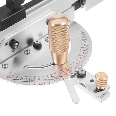 Close-up of Built Tough Aluminum Miter Gauge With Zero Play Slides Heavy Duty Box Joint Jig and Locking Track Stop with brass knobs.