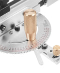 Pro Grade Aluminum Alloy Miter Gauge With Rock Solid Brass Handle Box Joint Jig And Smooth Gliding Track Stop showcasing the brass handle.