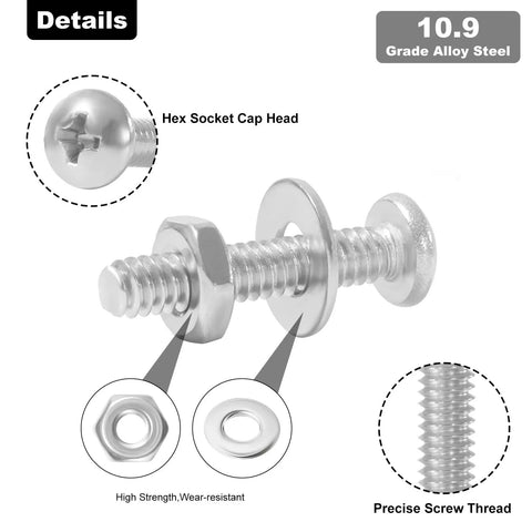 Heavy Duty 304 Stainless Steel Machine Screw Kit With Hex Nuts Flat Washers Phillips Pan Head Rust Out Proof showing hex socket cap head design.