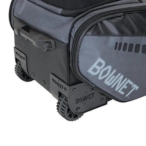 Close-up of wheels and logo on Commander Catchers Gear Bag With Wheels For Travel And Outdoor Play Black Rugged Durable Equipment Carrier