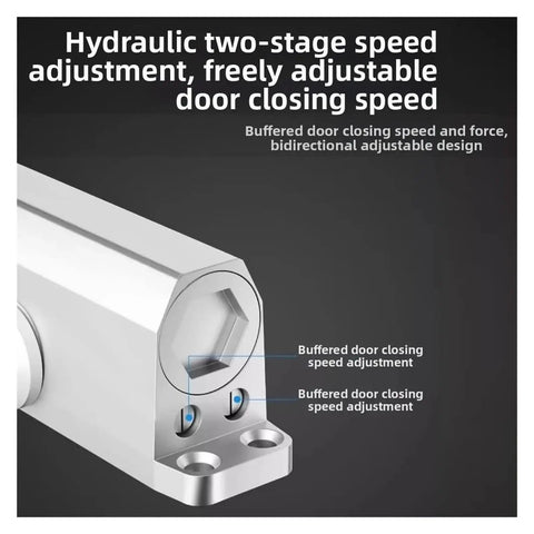 Ultra Quiet Auto Door Closer With Adjustable Speed For Doors 25-85 KG showing hydraulic speed adjustment feature.