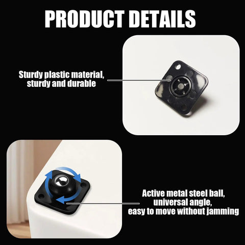 No Sweat Self Adhesive 360 Universal Swivel Mini Caster Wheels, Smooth Operator Ball Casters For Light Household Gear, Quick Stick On Rollers Pack Of Eight, close-up of durable plastic and steel ball mechanism.