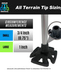 Hella Grip Rock Solid All Terrain Cane And Crutch Tips For 1 Inch Shafts Non Slip Rubber Bottoms showing size measurements. 1 inch large.