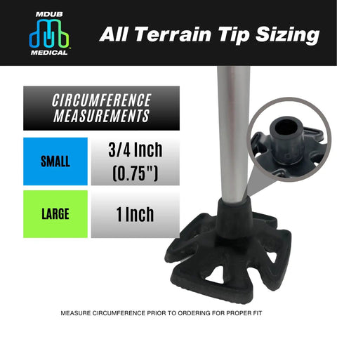 Hella Grip Rock Solid All Terrain Cane And Crutch Tips For 1 Inch Shafts Non Slip Rubber Bottoms showing size measurements. 1 inch large.