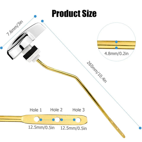 Universal Side Mount Toilet Handle Replacement Kit with copper trip lever showing dimensions and hole sizes for flush tanks.