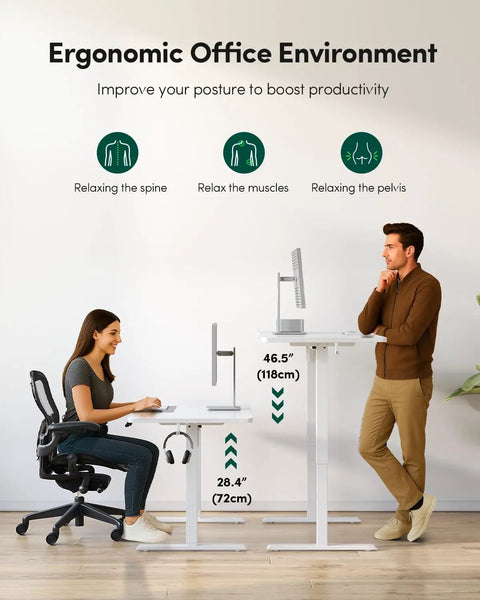 Rock Solid 60 X 24 Inch Electric Adjustable Standing Desk Featuring Smooth Motor Lift And Seamless One Piece Desktop For Heavy Duty Home Office Workspaces Designed For Maximum Comfort And Zero Hassle, ergonomic setup with seated and standing positions.