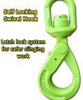 Built Tough Heavy Duty Swivel Lifting Hook With 6945 Lbs Capacity For Hoists And Cargo Lifts 360 Degree Swivel Eye Self Locking Design To Prevent Chain Twist And Keep Your Gear Secure. green alloy steel self-locking swivel lifting hook for hoists