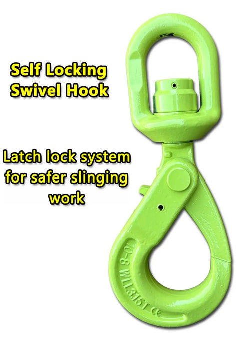 Built Tough Heavy Duty Swivel Lifting Hook With 6945 Lbs Capacity For Hoists And Cargo Lifts 360 Degree Swivel Eye Self Locking Design To Prevent Chain Twist And Keep Your Gear Secure. green alloy steel self-locking swivel lifting hook for hoists