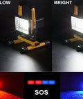 36LED 30W Work Light With Stand IP65 Waterproof Flood Light showing low, bright modes and SOS signal in white, red, and blue light.