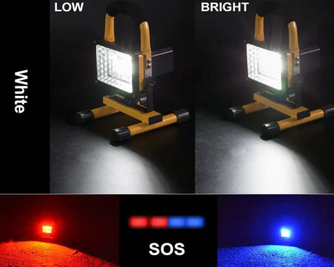 36LED 30W Work Light With Stand IP65 Waterproof Flood Light showing low, bright modes and SOS signal in white, red, and blue light.