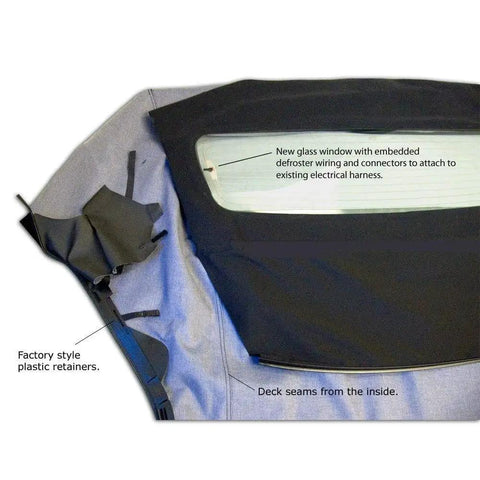 Ford Mustang Convertible Top Replacement For 2005 To 2014 With Sailcloth Vinyl Soft Top Heated Glass Window Black OEM Upgrade And DOT Approved Glass Window Your Ride Ready, showing close-up of heated glass window and plastic retainers