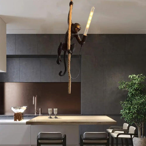 Dope Resin Monkey Ceiling Hanging Lamp With Handcrafted Hemp Rope Black Pendant Light for modern dining room decor