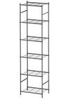 Six-Tier Metal Storage Shelves With Adjustable Feet, Heavy-Duty Shelf Unit for Kitchen, Garage, and Laundry Room. Space-saving, black design.