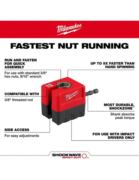 Heavy Duty 3/8 Inch Impact Nut Runner Featuring Slick Side Access Profile Fast Track Threaded Rod Assembly Tool Pro Gear Quick Run And Fasten Action No Brainer Site Workhorse in red and black with side access for adjustments.