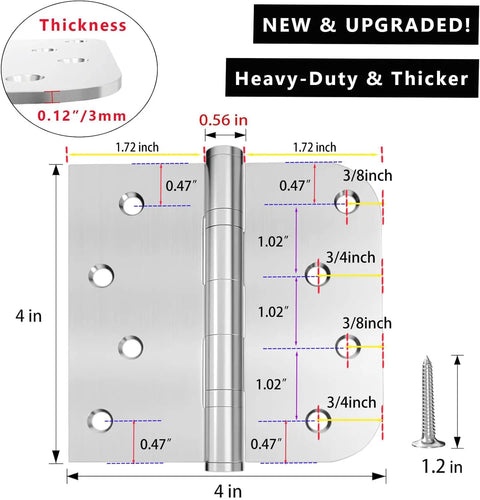Heavy Duty Ball Bearing Door Hinges Four Inch stainless steel with detailed measurements and screws for secure installation.