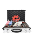 Top Notch 16 Piece Diamond Tile Hole Saw Kit With M14 Adapter And Metal Cutting King Blade For Drilling Hard Surfaces Plus Polishing Pads For That Smooth Finish You Deserve. open case with diamond hole saw bits and polishing pads