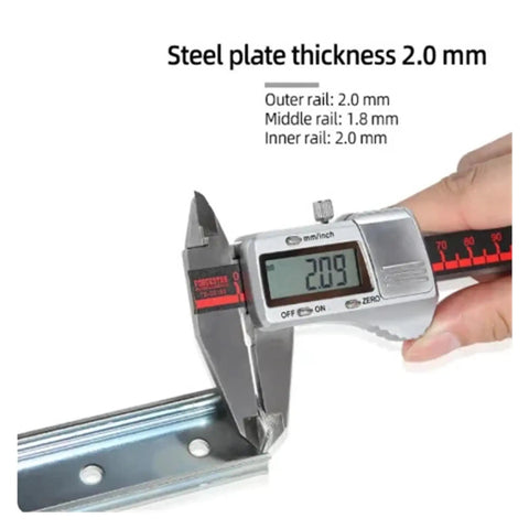 Measuring steel plate thickness of 2.0 mm with caliper on drawer slide for No Sweat Install Full Extension Drawer Slides.