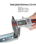 Measuring steel plate thickness of Rock Solid Heavy Duty Ball Bearing Drawer Slides with a caliper at 2.0 mm.