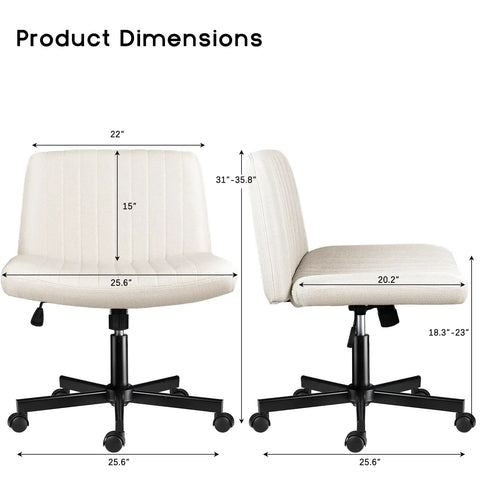 Criss Cross Office Chair No Wheels, Comfy Cross Legged Desk Chair With Adjustable Height, side and front view dimensions shown