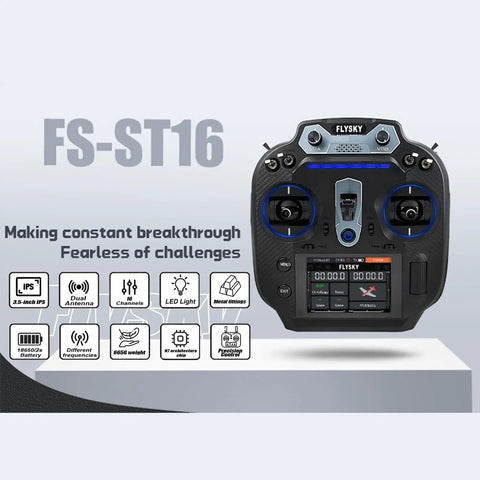 Front view of 16 Channel OpenTX RC Transmitter with dual band 2.4G and 900MHz, featuring hall effect gimbals and 3.5 inch IPS screen.