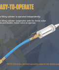 AC Dye And Oil Injector Kit For R134A Cars, 2oz capacity aluminum alloy body, shown with blue hose and snap quick coupler attachment.