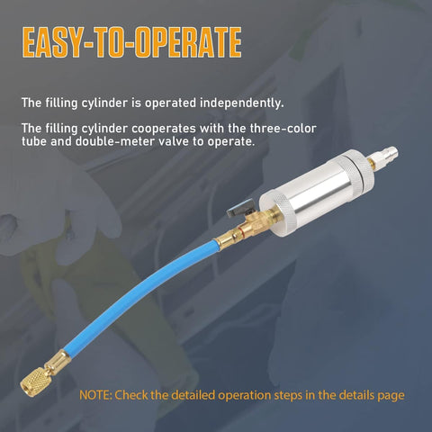 AC Dye And Oil Injector Kit For R134A Cars, 2oz capacity aluminum alloy body, shown with blue hose and snap quick coupler attachment.