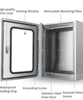 Stainless Steel Junction Box For Indoor Electronics, Heavy Duty Wall Mounted Enclosure With Hinged Cover, Durable 32 By 20 By 8 Inch Enclosure, 2mm Thick Steel Project Box, Fits 8 To 24 Inch Components, open view
