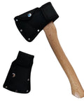 Leather Adjustable Axe Sheath For Camping And Outdoor Use Gear Belt Carry Hatchet Head Protector, attached to wooden handle
