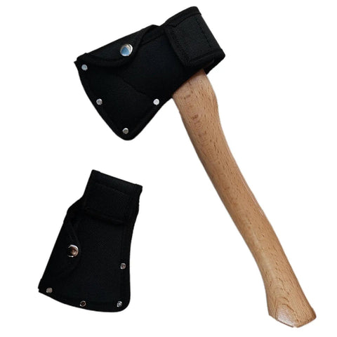 Leather Adjustable Axe Sheath For Camping And Outdoor Use Gear Belt Carry Hatchet Head Protector, attached to wooden handle