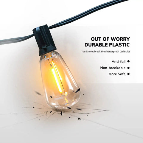 100Ft Outdoor LED String Lights Dimmable Patio Lights With Shatterproof ST38 Vintage Bulbs 2200K Warm White shown shattering