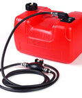 Three Gallon Portable Marine Storage Tank With Leak Resistant Design For Boating And Outdoor Power Equipment I-Shaped Handle With Line Easy To Carry EPA Compliant, red tank with hose and cap visible.